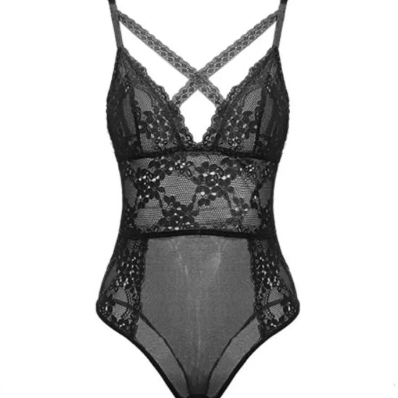 Women Sexy White Cross Neck Mesh Crotch Exposed Bodysuit