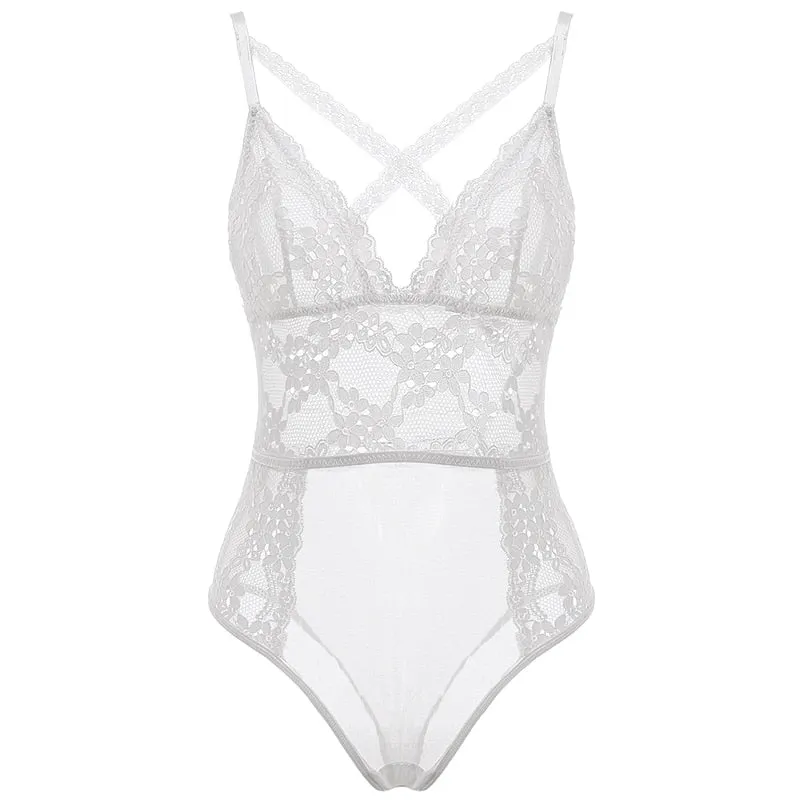 Women Sexy White Cross Neck Mesh Crotch Exposed Bodysuit