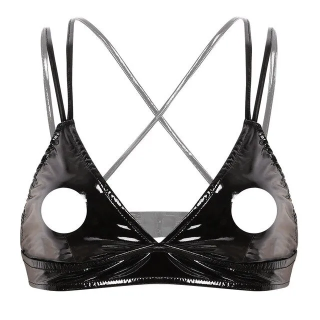 Womens Latex Bra Top with Open Cup Wetlook Leather Triangle Cups Bra Nipple Hollow Out Cross Straps Lingerie Bralette Bra Top