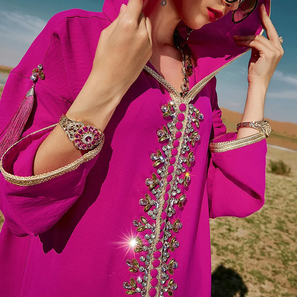 Women's Rose Red Hooded Middle East Moroccan Dubai Style Dress