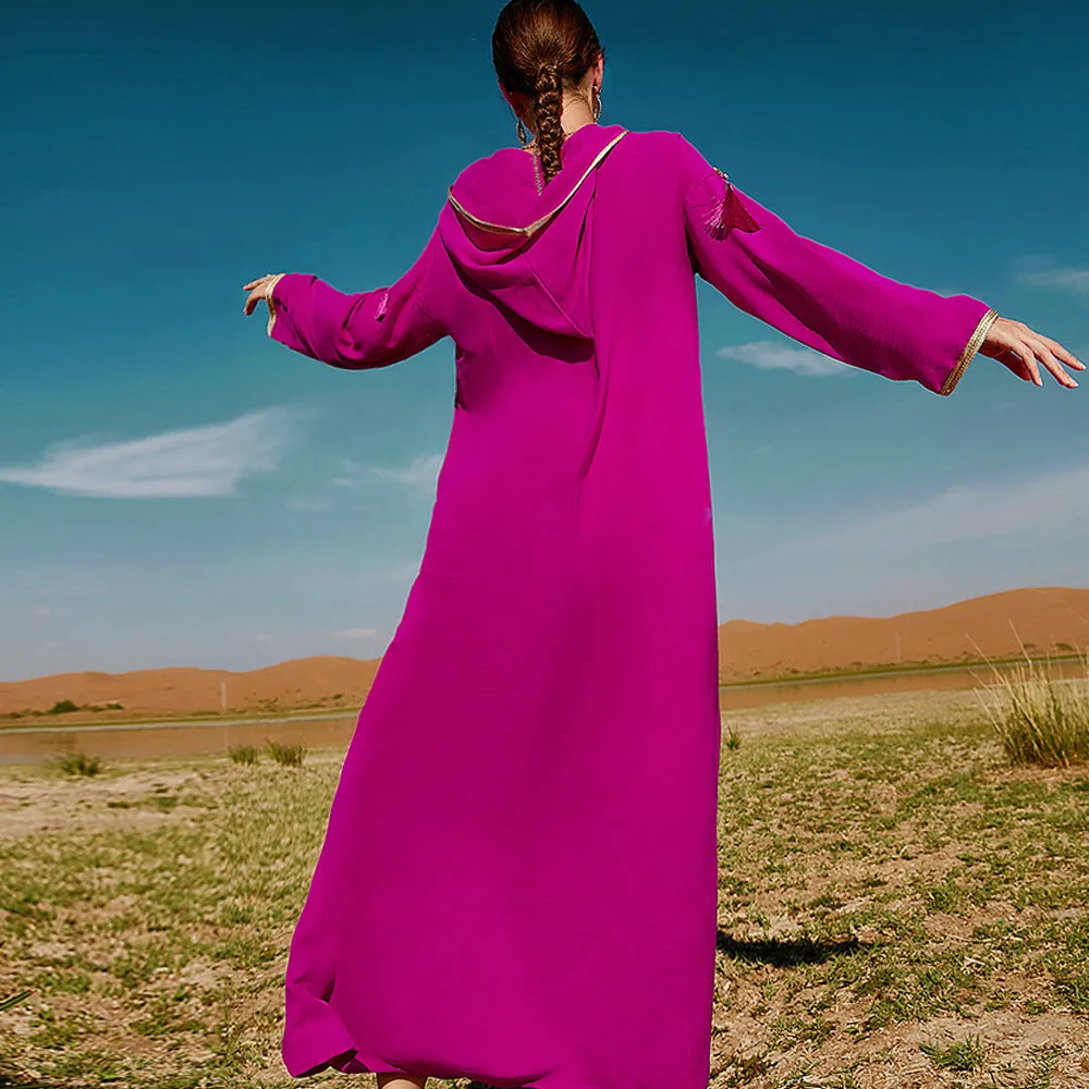 Women's Rose Red Hooded Middle East Moroccan Dubai Style Dress