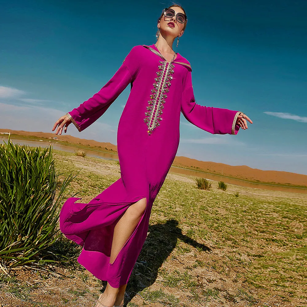 Women's Rose Red Hooded Middle East Moroccan Dubai Style Dress