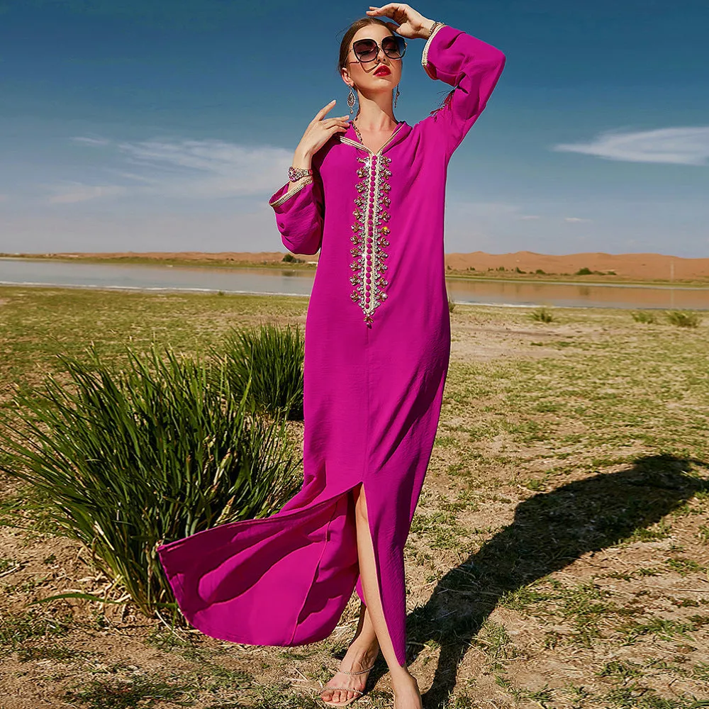 Women's Rose Red Hooded Middle East Moroccan Dubai Style Dress