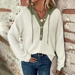 Women's Solid Color Waffle Hooded Button Loose Long Sleeve Sweatershirt