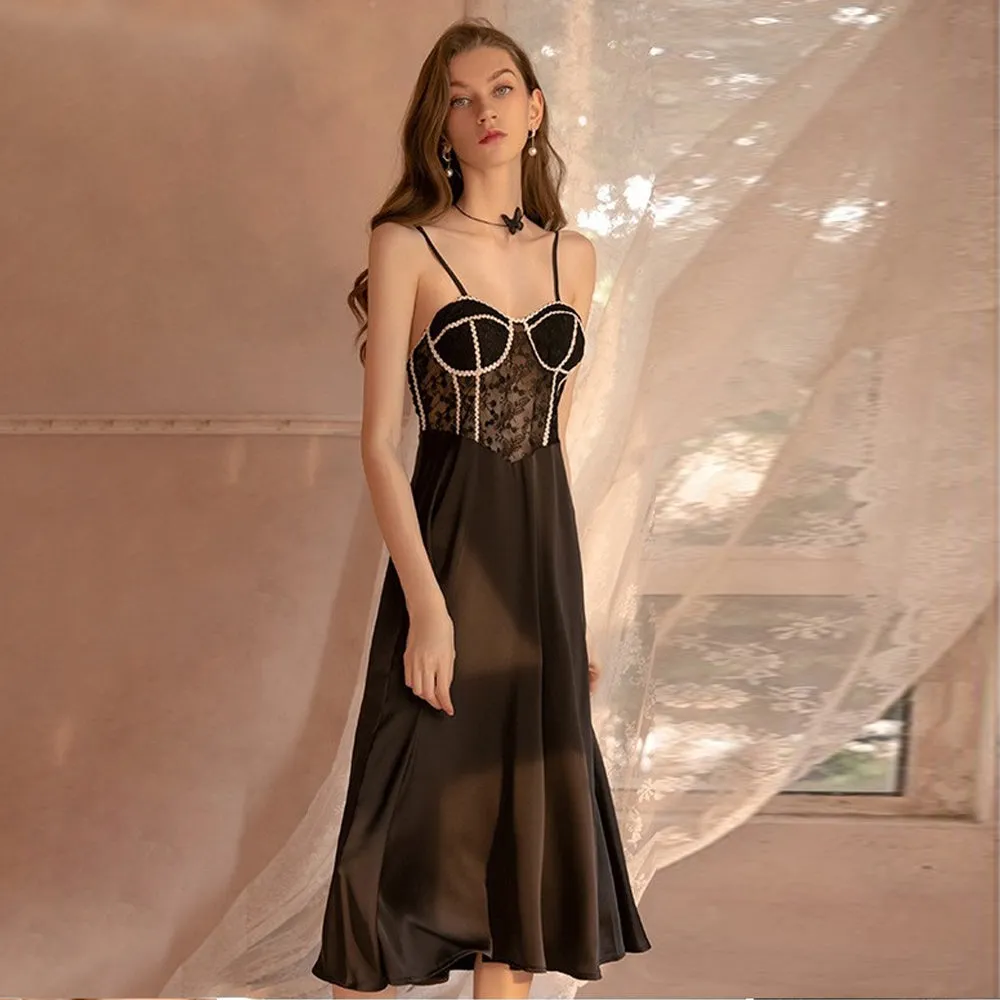 Yomorio Satin Babydoll Dress Padded Cup Lace Nightgown for Women Sexy Negligee Midi Dress