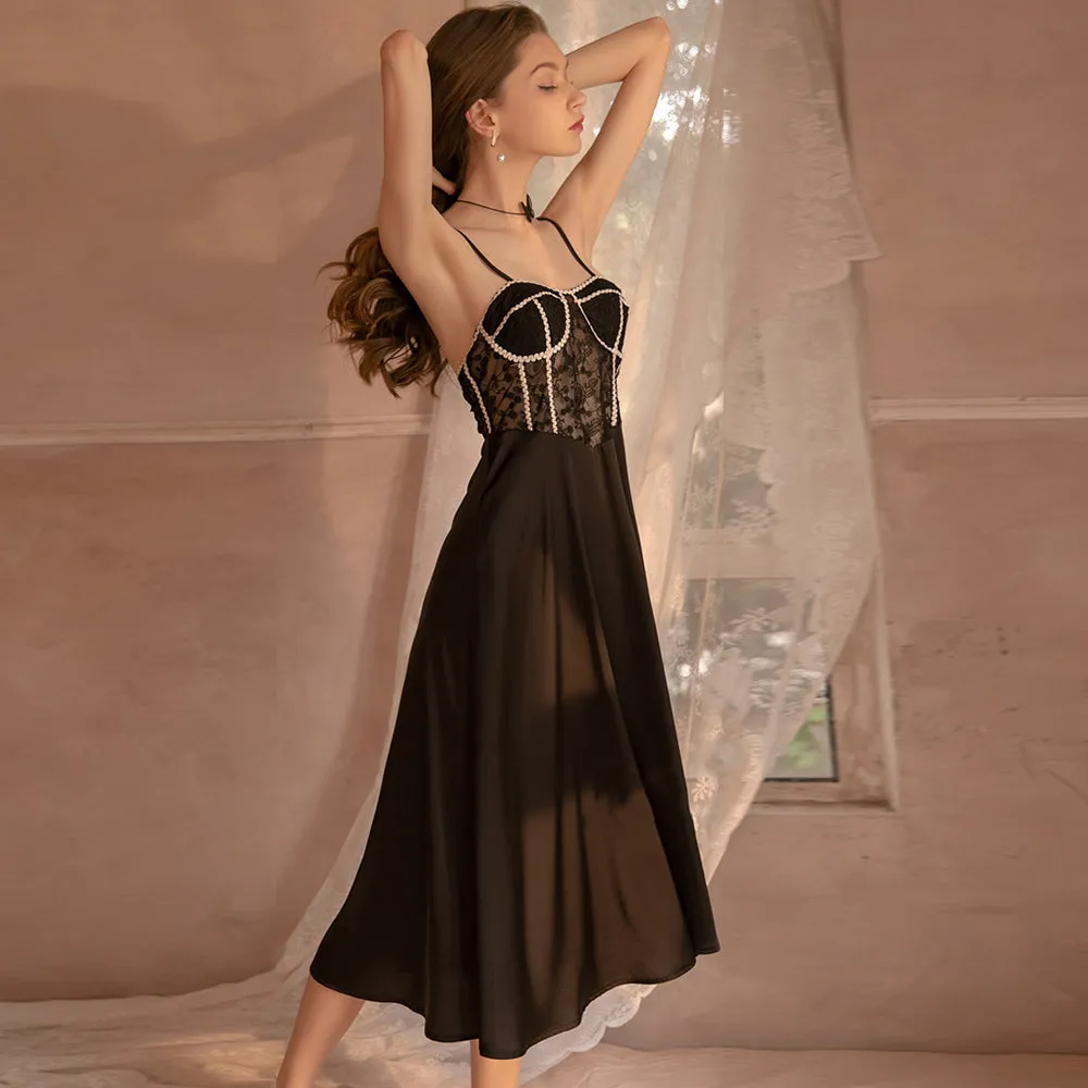 Yomorio Satin Babydoll Dress Padded Cup Lace Nightgown for Women Sexy Negligee Midi Dress