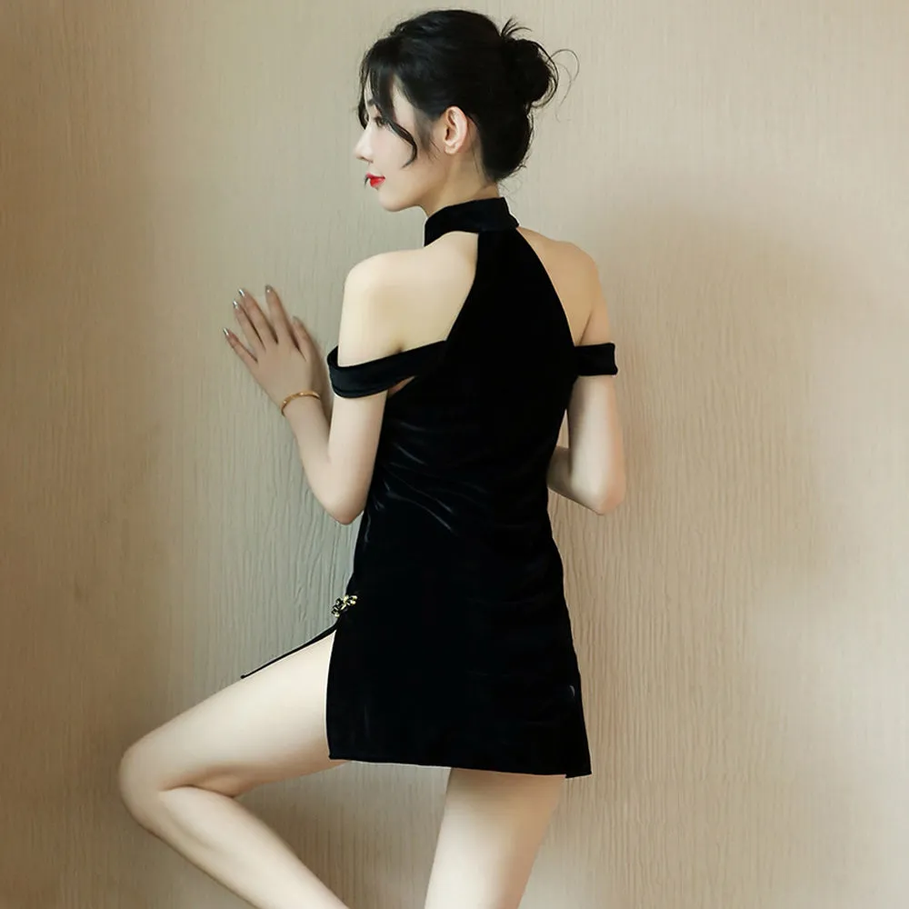 Yomorio Sexy Chinese Mini Dress Black Cold Shoulder Side Slit Dress