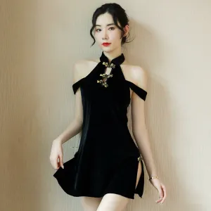 Yomorio Sexy Chinese Mini Dress Black Cold Shoulder Side Slit Dress